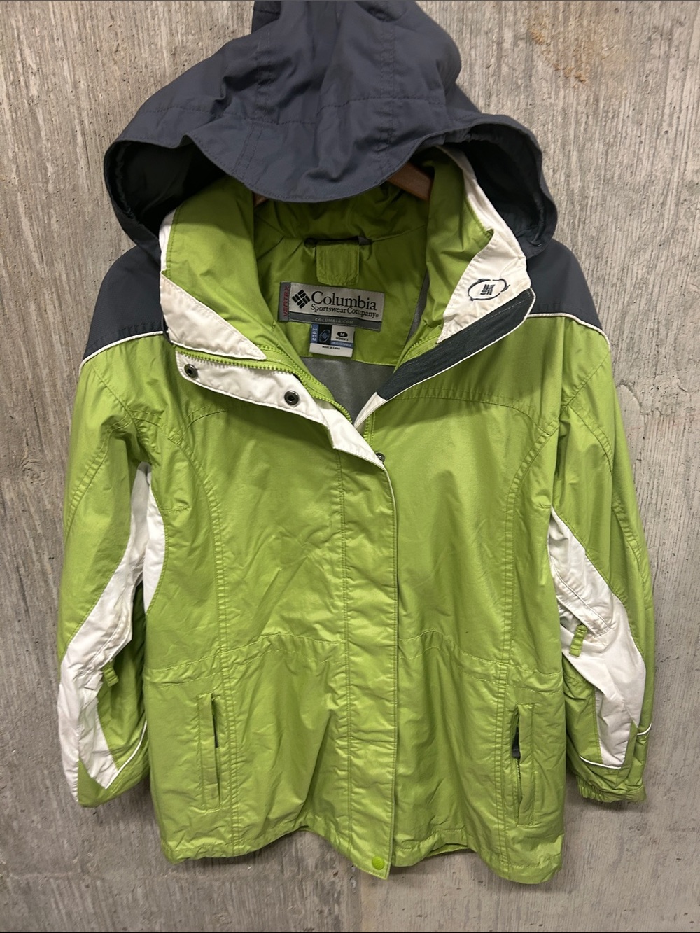 Columbia Women's Lime Green Hooded Ski Jacket with White & Navy Accents Medium